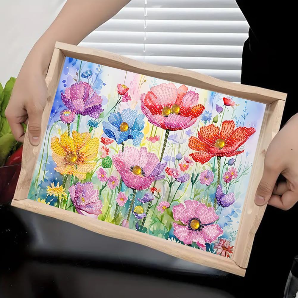 5D Flower Diamond Art Wooden Tray - Sparkling DIY Craft Multi-Functional Decorative Serving Tray for Home, Adults Handmade Gift（Flower）