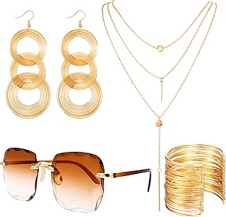 70s Disco Costumes Jewelry Set, Rimless Diamond Cutting Sunglasses, Triple Swirl Disco Ball Earrings, Wire Metal Coil Bracelets and Layered Choker Necklace for Disco Theme Party