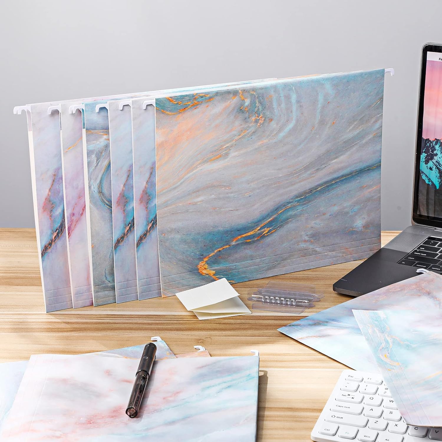 Estune 32 Pcs Marble Decorative Hanging File Folders Letter Size Cabinet File Folders Organizers with 1/5 Cut Adjustable Tabs for Office Desk School Filing Cabinet Home