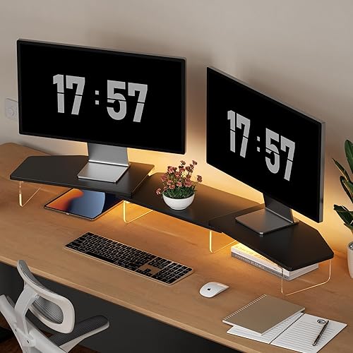 Soporte elevador LED de doble monitor para 2 monitores, soporte de madera de escritorio de oficina, longitud y ángulo ajustables, 3 estantes,