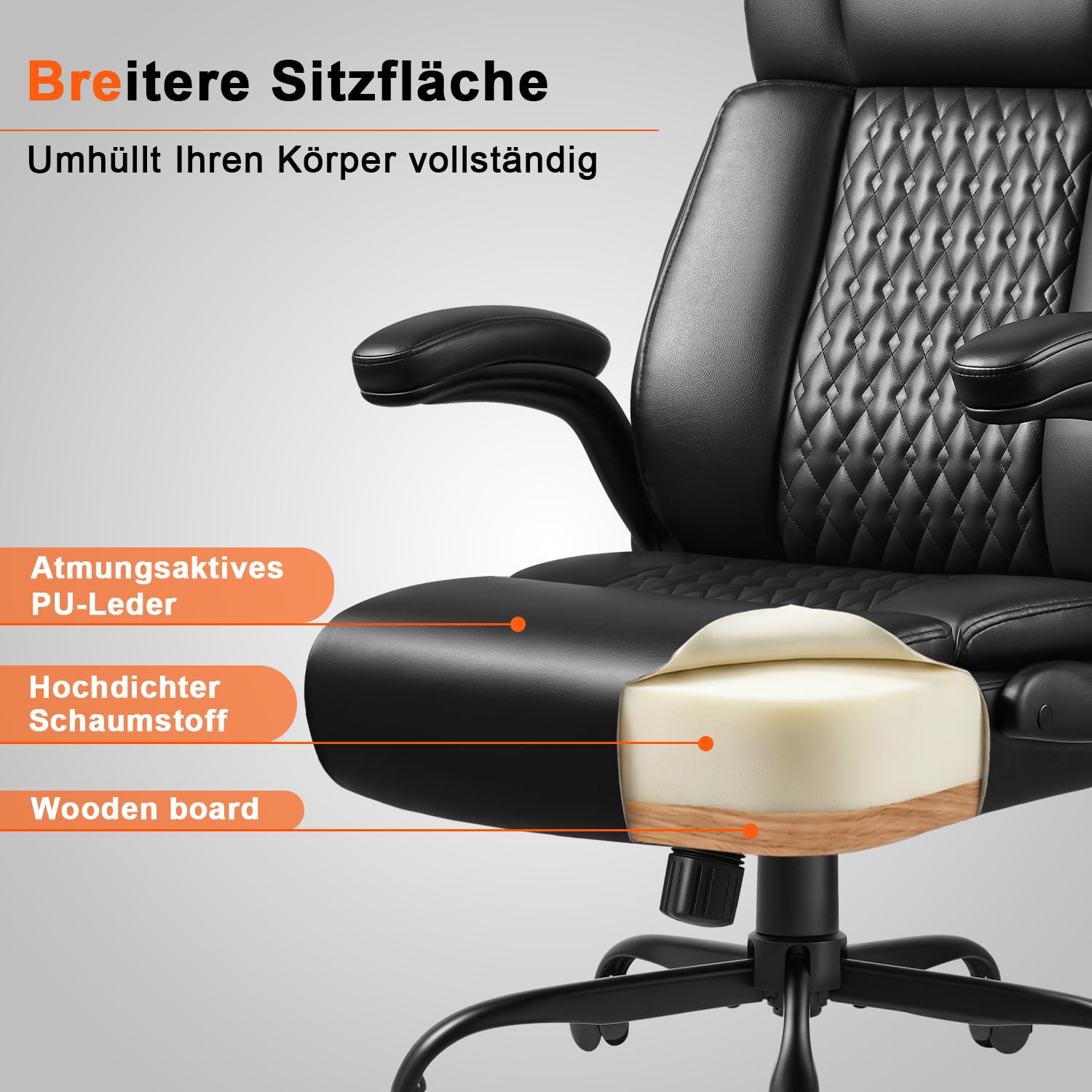 Waleaf Chefsessel Bürostuhl aus Leder, Ergonomischer Bürostuhl mit Hoher Rückenlehne und Verstellbaren Armlehnen, Belastbar bis 150 kg, PC-Stuhl mit Rollen für Büro und Homeoffice, Schwarz