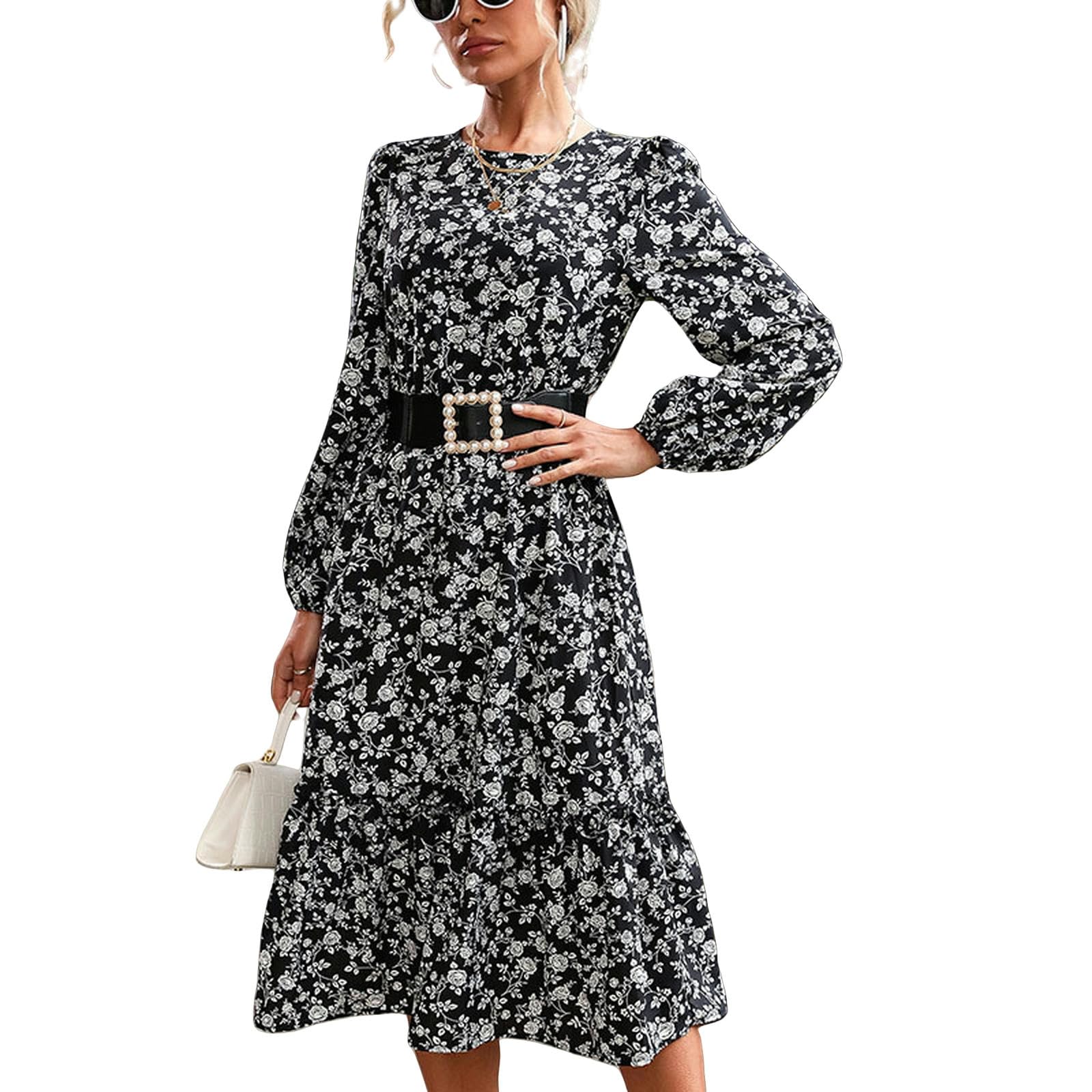 Vestidos para mujer, vestidos casuales de verano, manga larga, estampado floral, fiesta, playa, midi, YYEFNMAZ