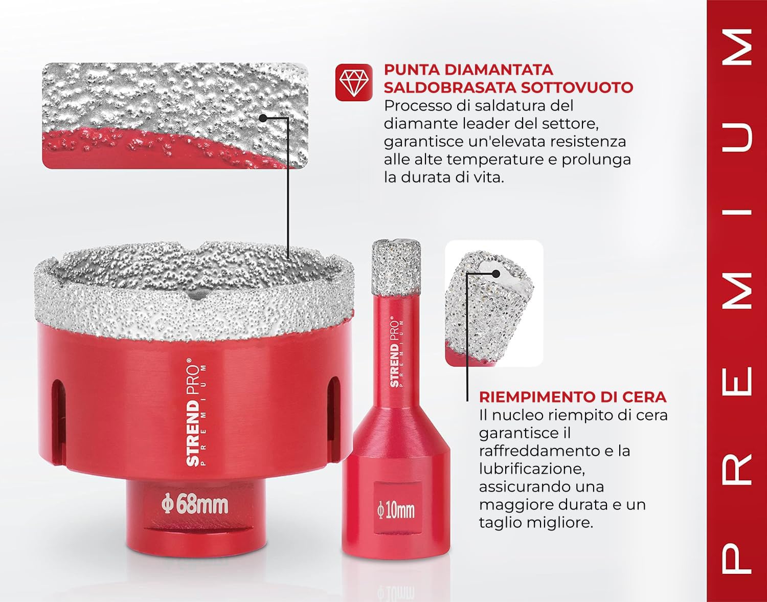 STREND PRO Set Frese a Tazza Diamantate 6-8-10-20-35-50-68 mm | Disco Diamantato 125 mm, Fresa a Dito 20 mm e Adattatore SDS | Valigetta in Alluminio | Piastrelle, Gres e Granito | Taglio Secco