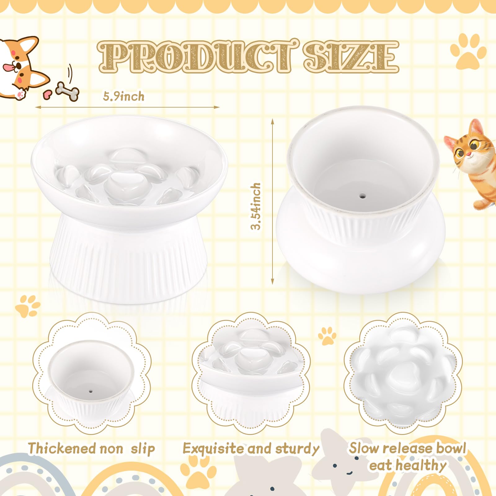 Layhit Lot de 2 gamelles surélevées en céramique pour chat - Anti-vomissements - Pour nourriture sèche et humide - Blanc