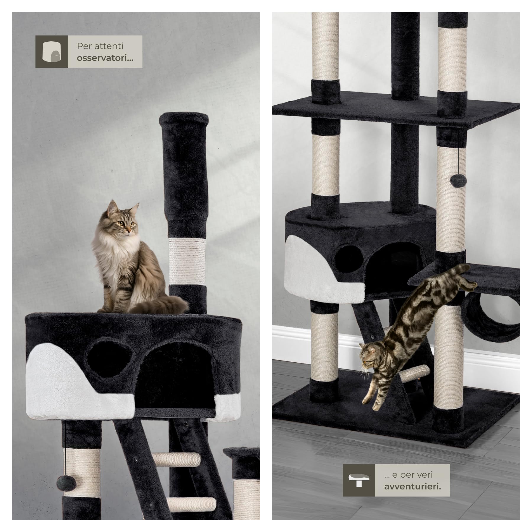 tectake® Albero Tiragraffi per Gatti, con 2 Casette, 3 Piattaforme, Altezza Regolabile 243-260 cm, Barre in Sisal 8 cm di Diametro, Ideale per Gioco e Riposo - Nero/Bianco