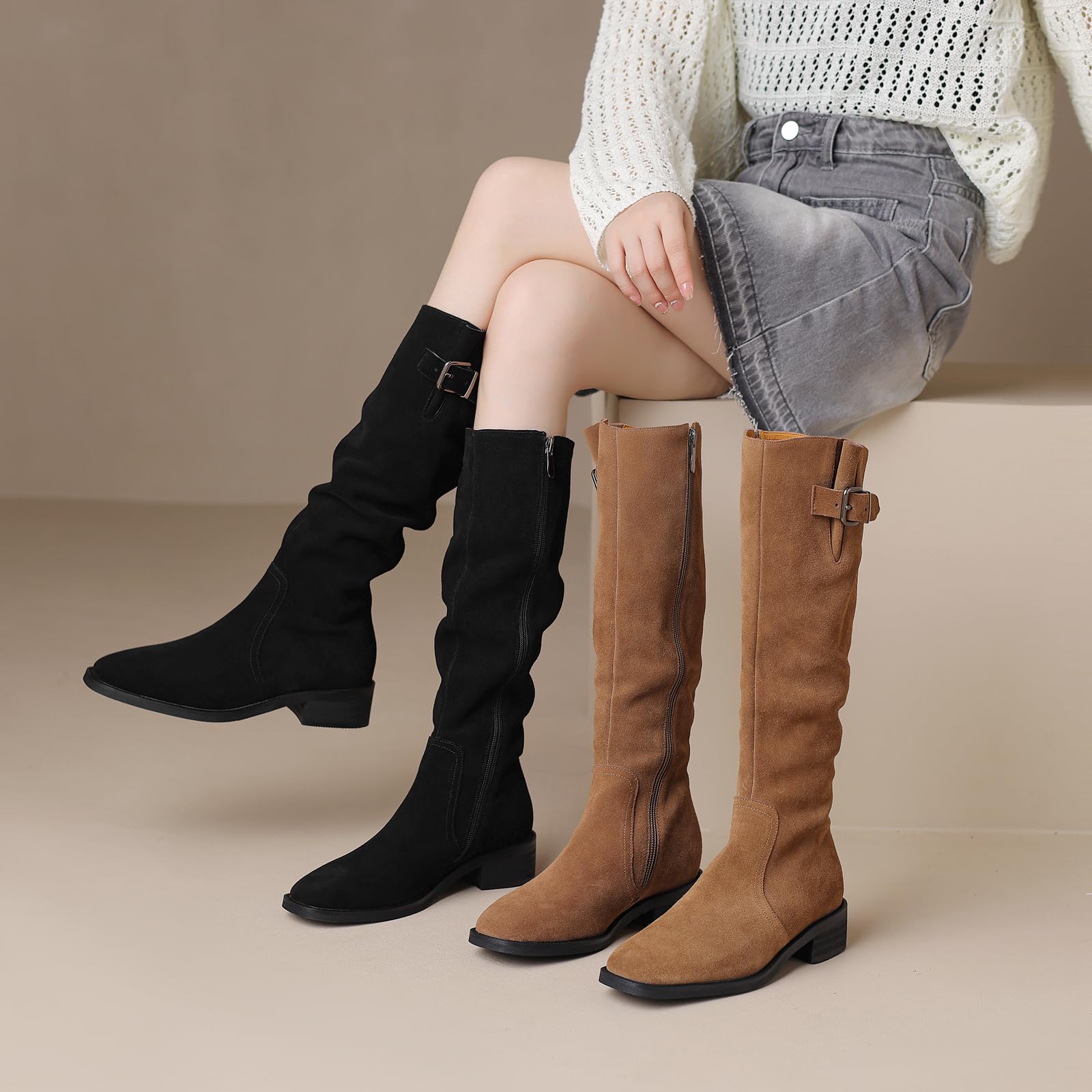 Stivali da donna Vintage Nubuk al ginocchio con pizzo quadrato e bassi, tacchi grossi per l'inverno
