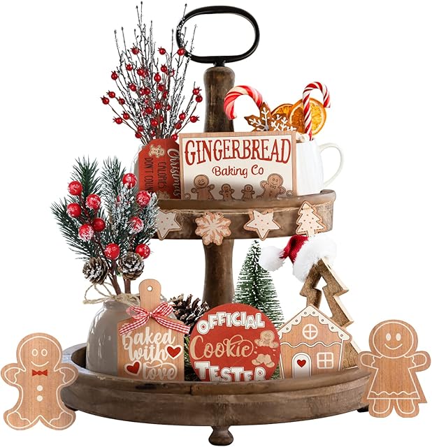 Teahutty 12PCS Christmas Decoration for Tiered Tray, Wooden Sign Xmas Tabletop Farmhouse Coffee Signs Rustic Tiered Tray Winter Gingerbread Decor for Xmas Winter Home Office