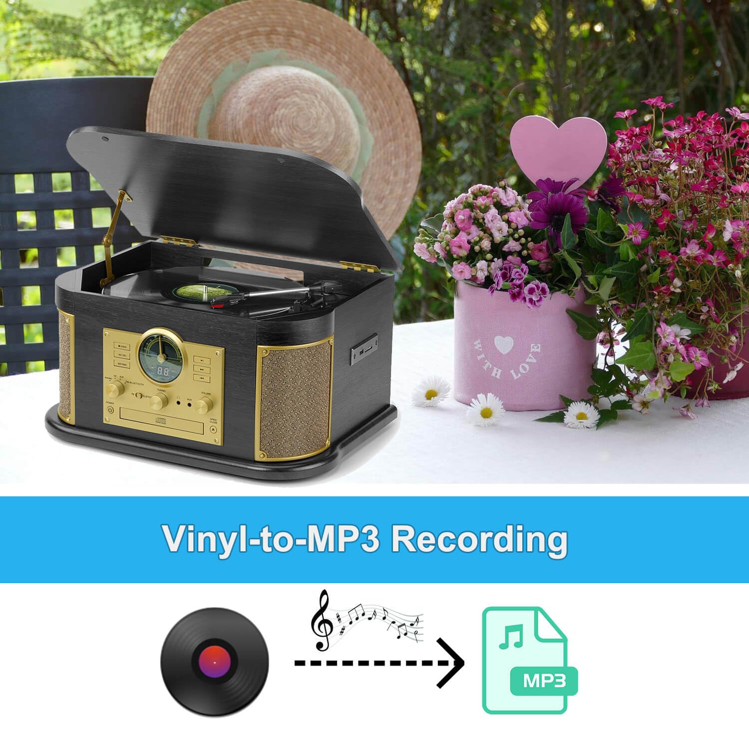 Plattenspieler mit Bluetooth und Lautsprechern, All-in-One Retro Schallplattenspieler mit CD, FM-Radio, USB/SD Aufnahme, AUX-In und RCA-Out, Vinyl Digitalisieren ohne PC