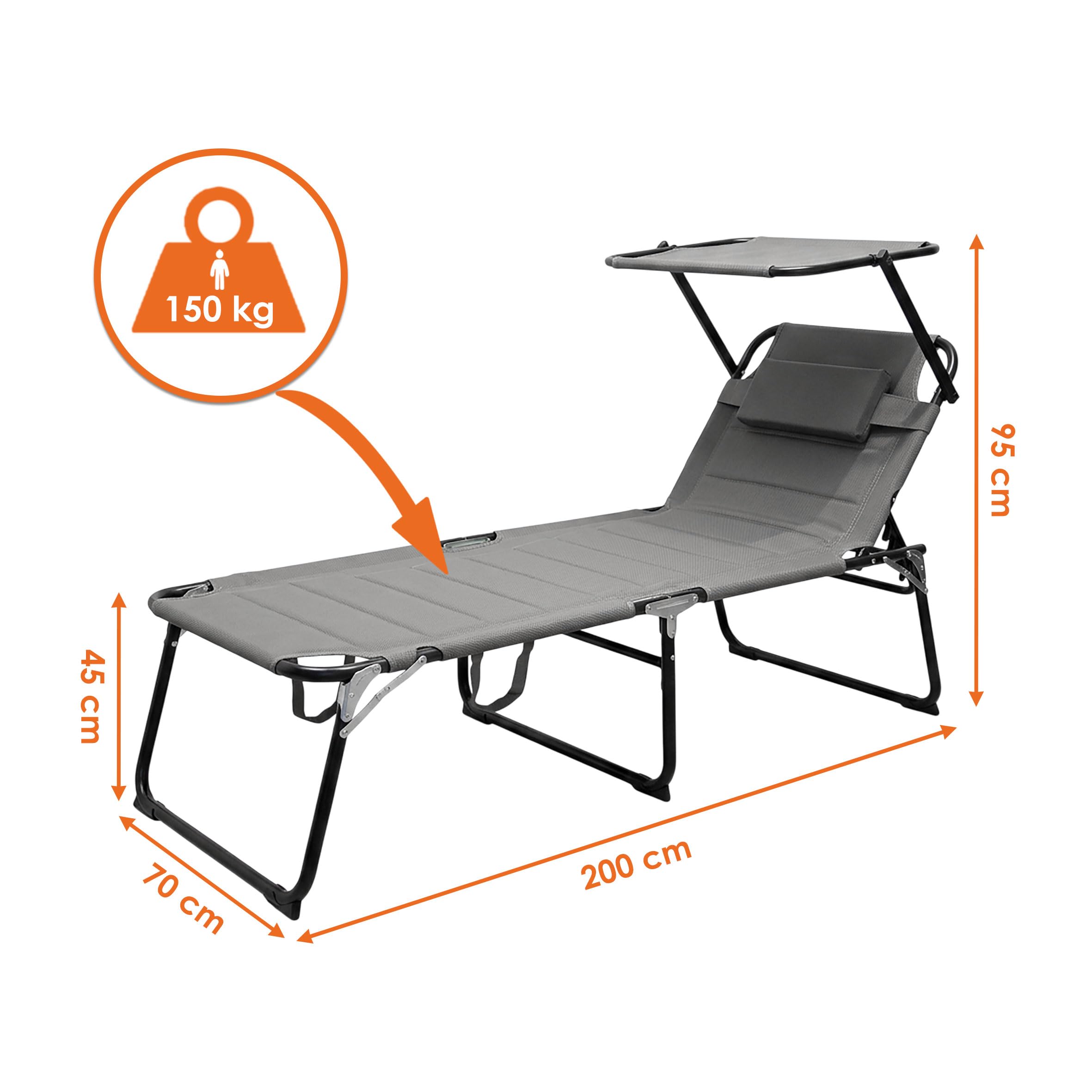 Spetebo XXL Aluminium Gartenliege mit Sonnendach - 200 x 70 cm - Grau | Sonnenliege gepolstert, mit Kopfkissen, Relax Garten Sonnen Liege, breite Liegefläche
