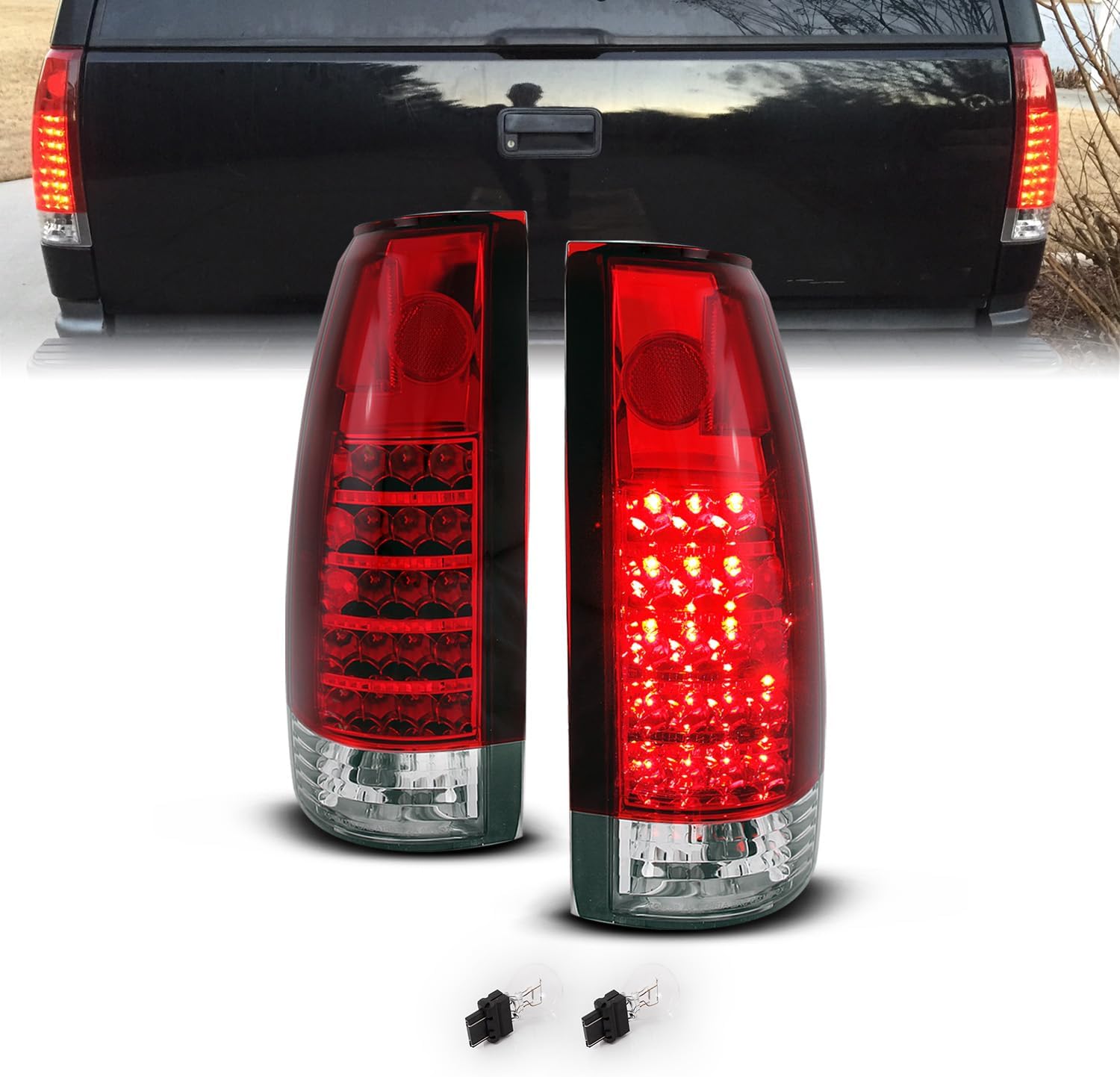 AmeriLite for 1988-1999 Chevy GMC Full Size C/K Pickup Truck Tahoe Suburban Crystal Red LED Replacement Tail Lights Assembly Pair - Passenger and Driver Side