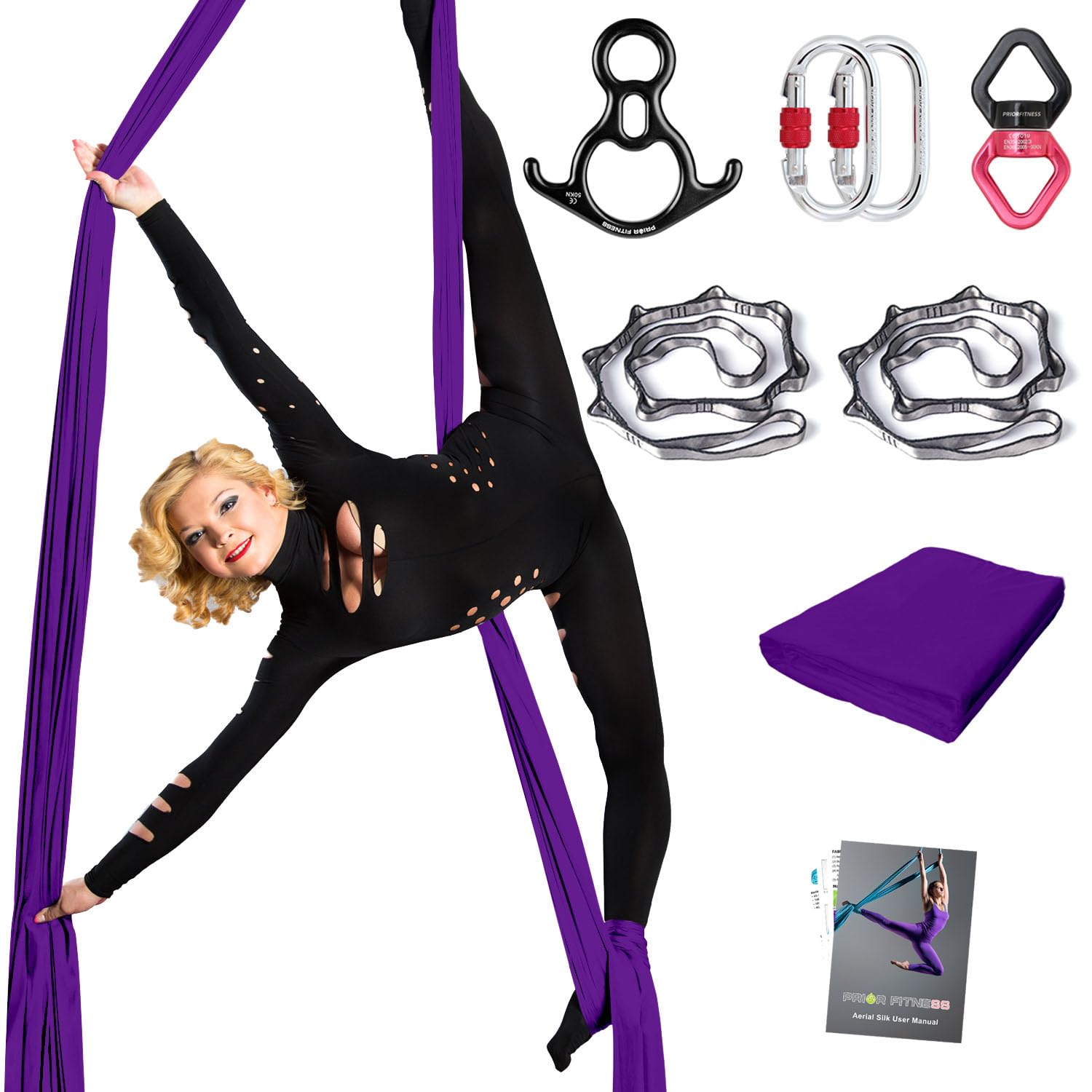 PRIOR FITNESS Aerial Silks Set, Professional Thicker Material with Low Stretch, 9/15/20 Yards Aerial Silk Swing Set with Hardware Instructions, Yoga Starter Kit for Home, Aerial Yoga