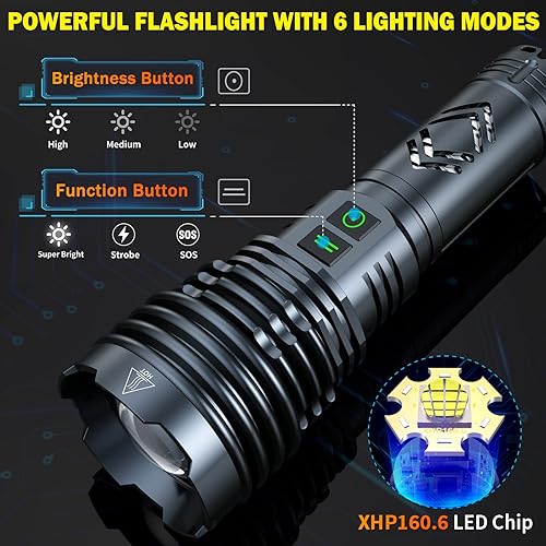Miniatura 6 de Linternas recargables de alto lúmenes, XHP160.6 linterna LED 180000 lúmenes súper brillante, linternas de mano impermeables con 6 modos de zoom,
