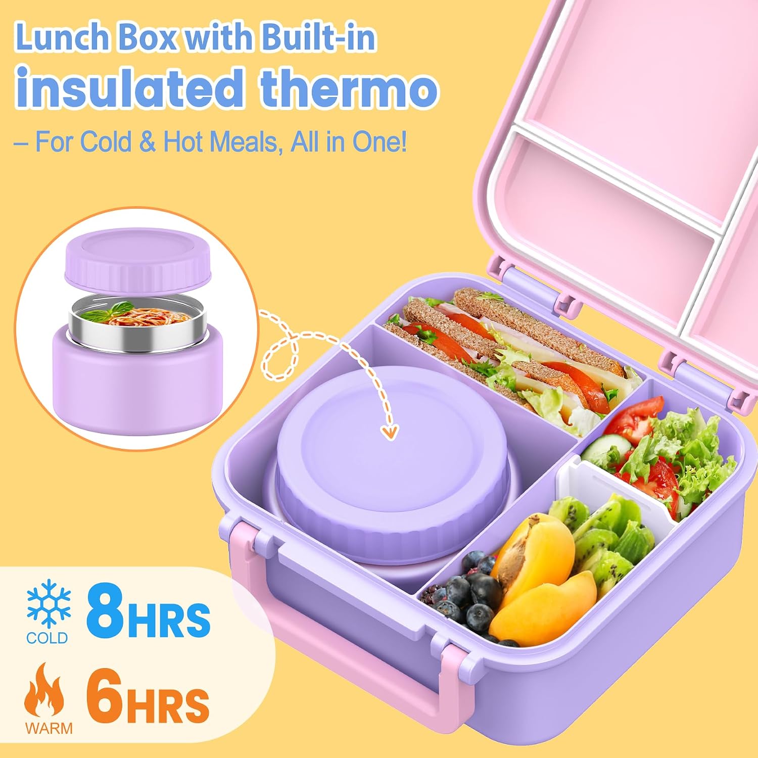 Bento Lunch Box for Kids with 9oz Thermo, Leak-proof Lunch Containers with 3 Compartments,Kids-friendly Size,Durable/Dishwasher Safe Lunch Box for School Outdoors Purple-Pink image 5