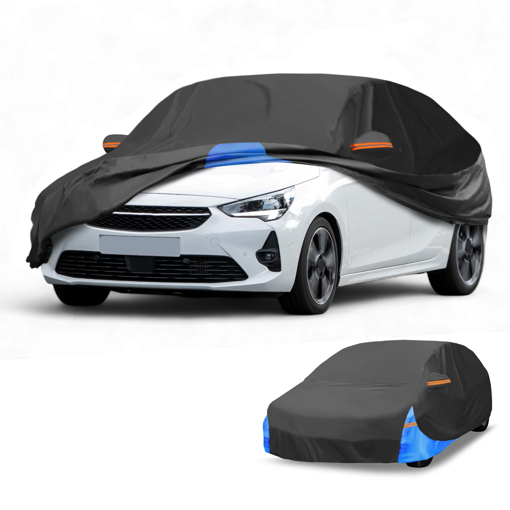 Wodoodporny pokrowiec samochodowy na każdą pogodę, odporny na promieniowanie UV, na zewnątrz, pełna ochrona zewnętrzna, do Vauxhall Corsa 210D-PU, czarno-niebieski, z zamkiem błyskawicznym po prawej
