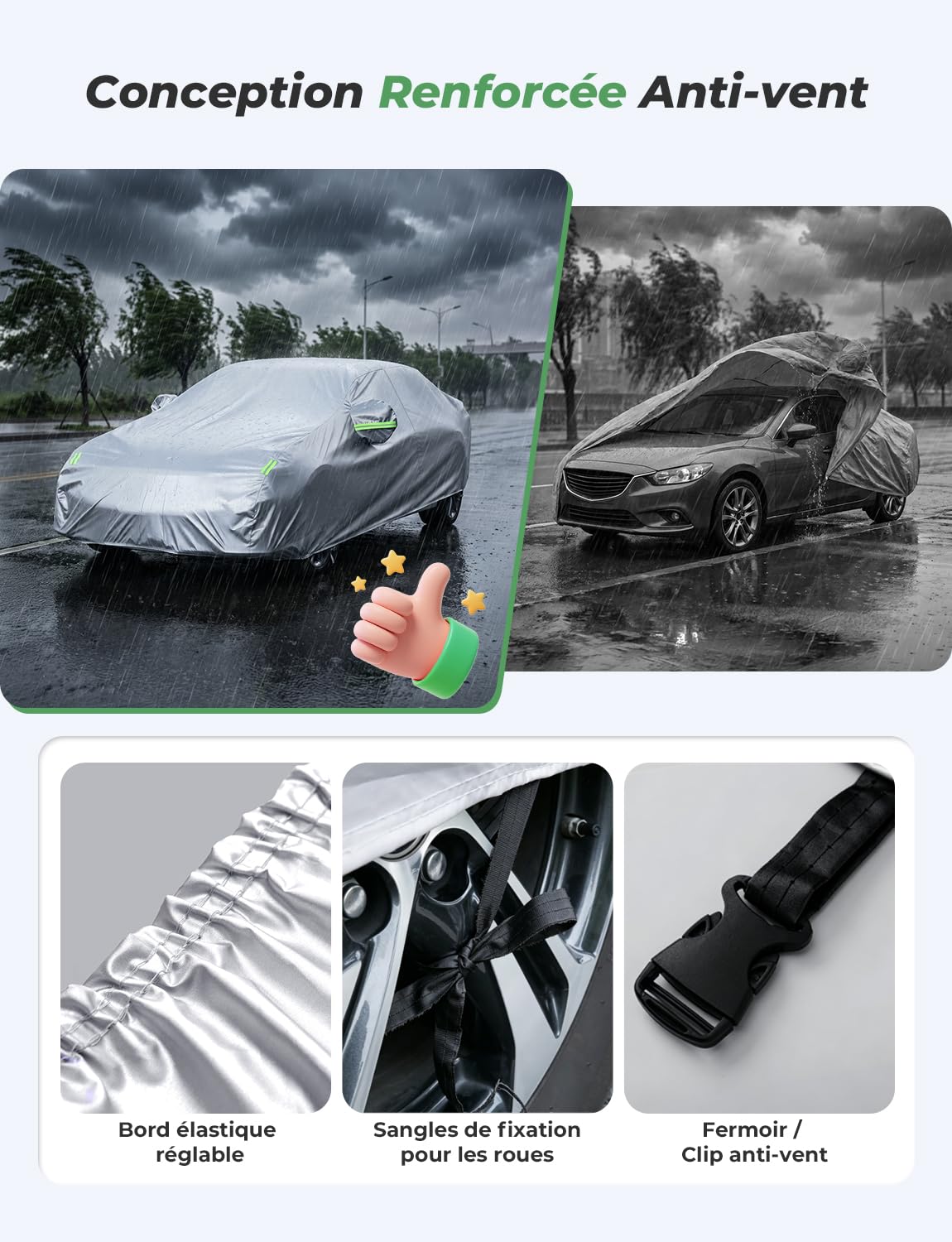 LOETAD Bâche Voiture Exterieur Housse de Protection Voiture Imperméable pour Auto Anti UV Poussière Vent Gel Neige Hiver 470 x 180 x 150 cm - Argent
