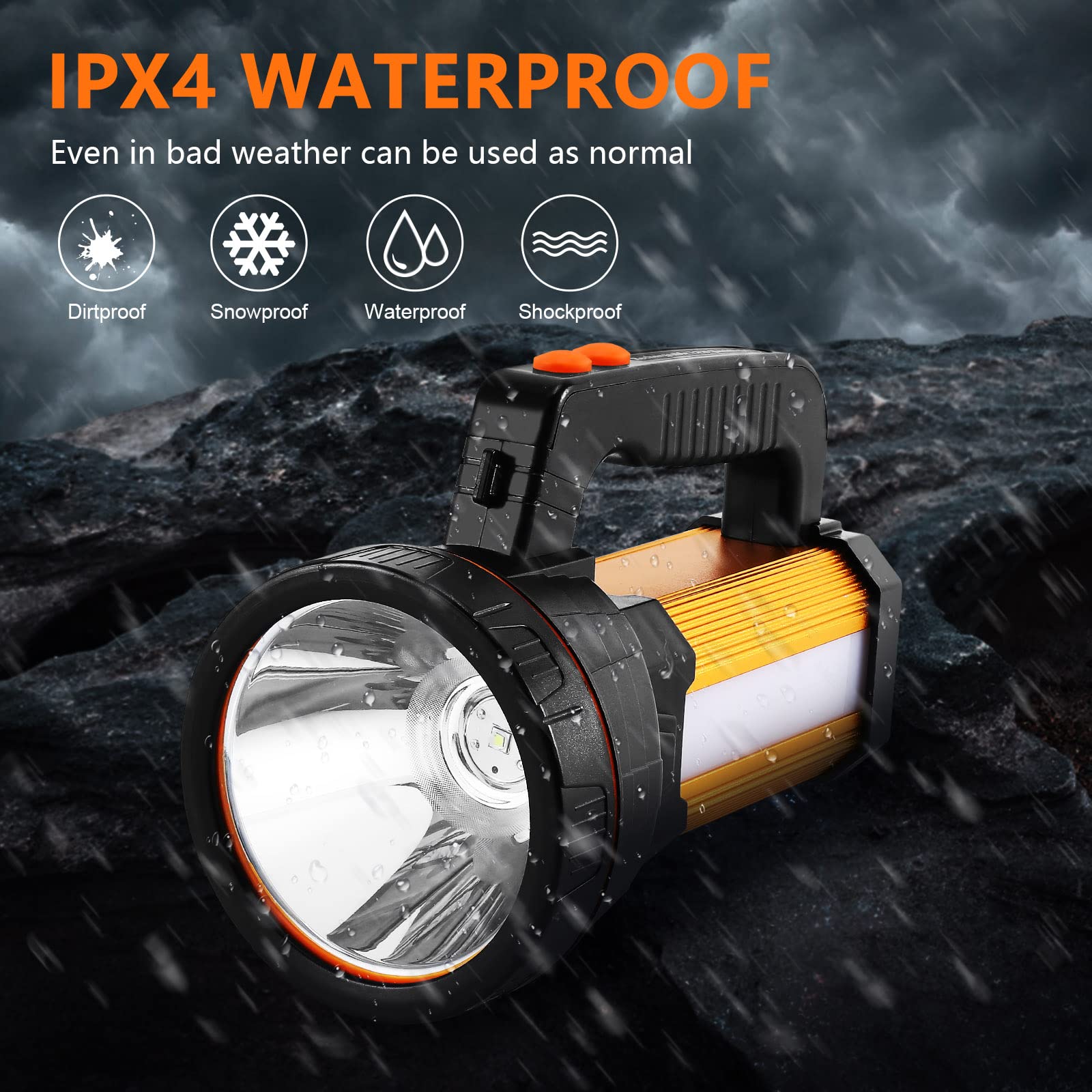 AF-WAN Torcia LED 7000 Lumen Ricaricabile Con 6 Modalità, Batteria 9000 MAh, Powerbank, Impermeabile IPX4 - Per Campeggio, Caccia, Emergenza (Oro, Con Treppiede)