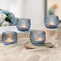 Vista 6 de Set of 6 Ribbed Glass Votive Candle Holders, Blue Glass Tealight Holders for Taper Candles - Elegant Table Centerpieces for Weddings, Christmas