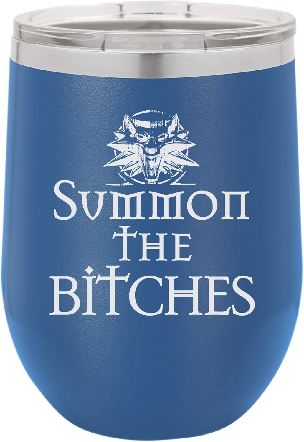 "Summon The Bitches!" Funny Video Game Medallion Design Engraved Insulated Stainless Steel Wine Tumbler, 12 Oz., Navy