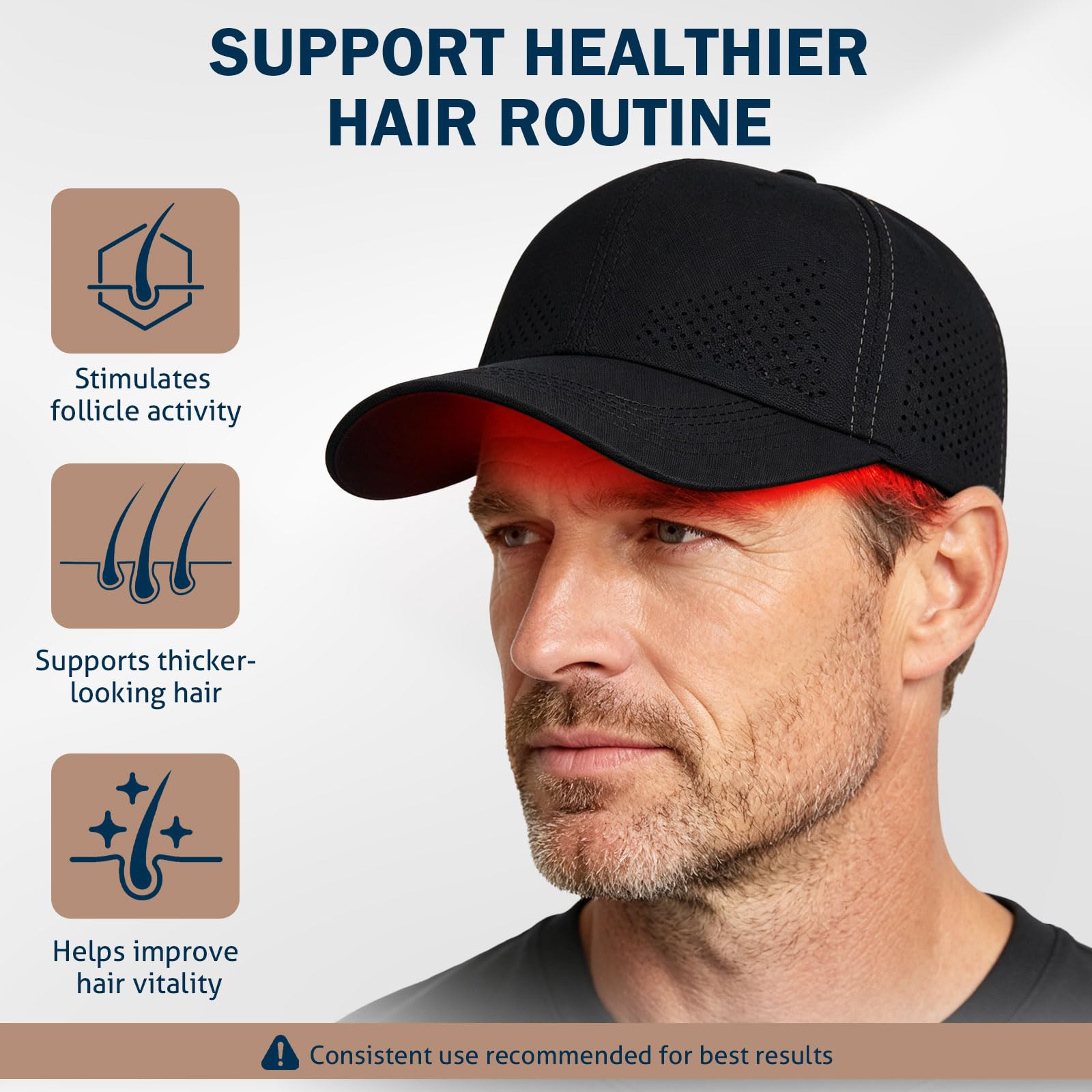 iKeener Capuchon de Croissance de Cheveux Rouge Clair, Respirant et Amovible 3 Lumières Bouchon de Repousse des Cheveux pour la Perte de Cheveux Hommes et Femmes avec 460nm 650nm 850nm, 4 Modes