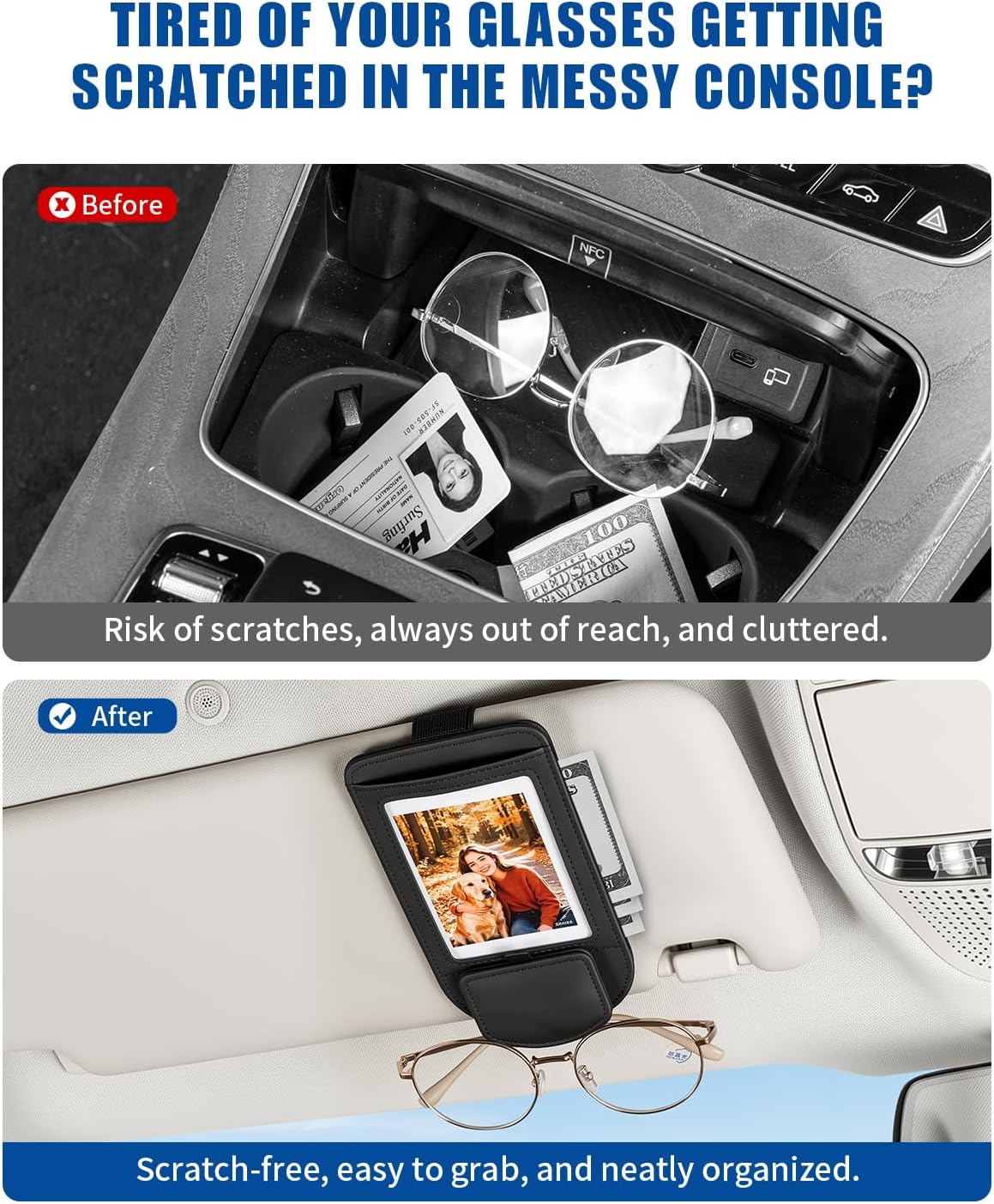 Car Visor Sunglasses Holder, 3 in 1 Glasses Clip with Photo Picture Display & Extra Storage Pocket, Anti-Slip Universal Sun Visor Organizer, 2026 Upgraded (1, Black)