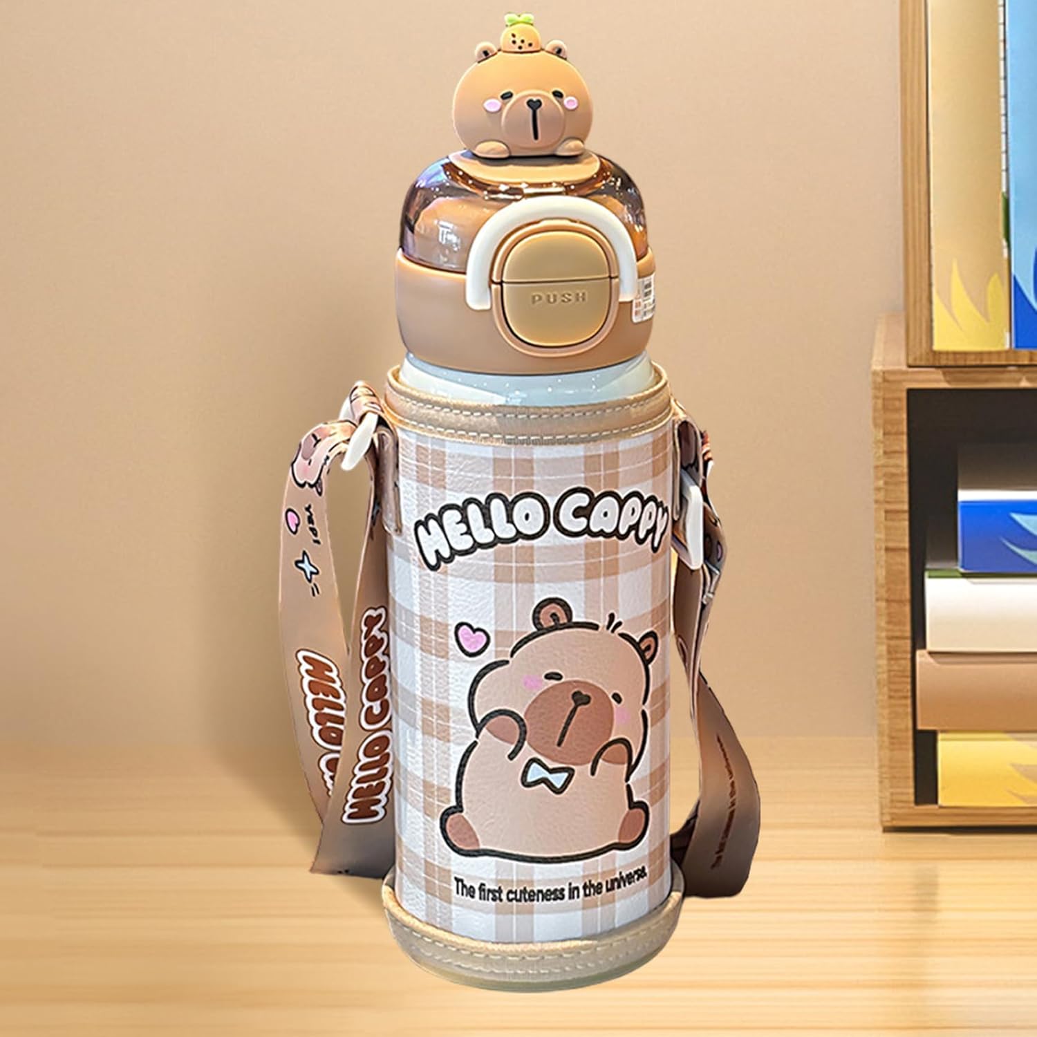 Capybara Water Bottle with Lid & Straw 520ml Stainless Steel Cute Water Bottle Portable Drinking Cup with Cup Sleeve and Strap for Office School Travel Girls