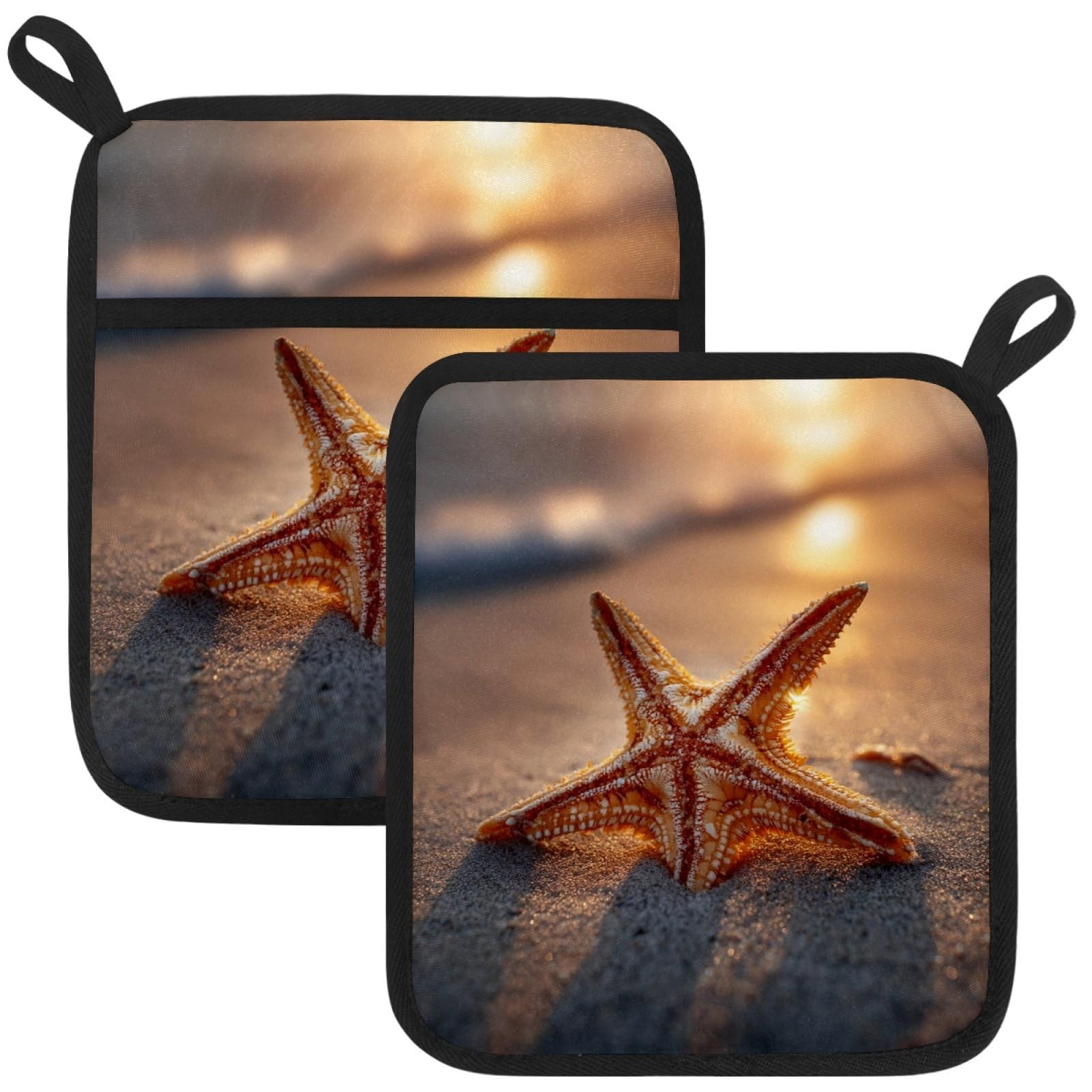VAPOKF Ocean Starfish Pot Holders with Pocket for Kitchen Heat Resistant Potholders Large Polyester-Cotton Square Oven Mitts Set