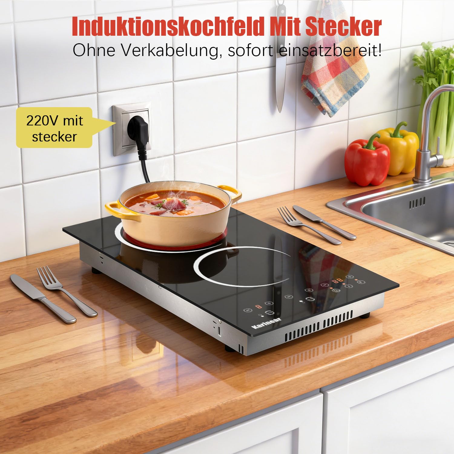 Karinear Glaskeramikkochfeld 2 Platten mit Stecker, Keramikkochfeld Doppel, 3000W Unabhängige Touch-Steuerung, Herdplatte 2 Kochfelder, Timer, Sicherheitsschloss, 240V