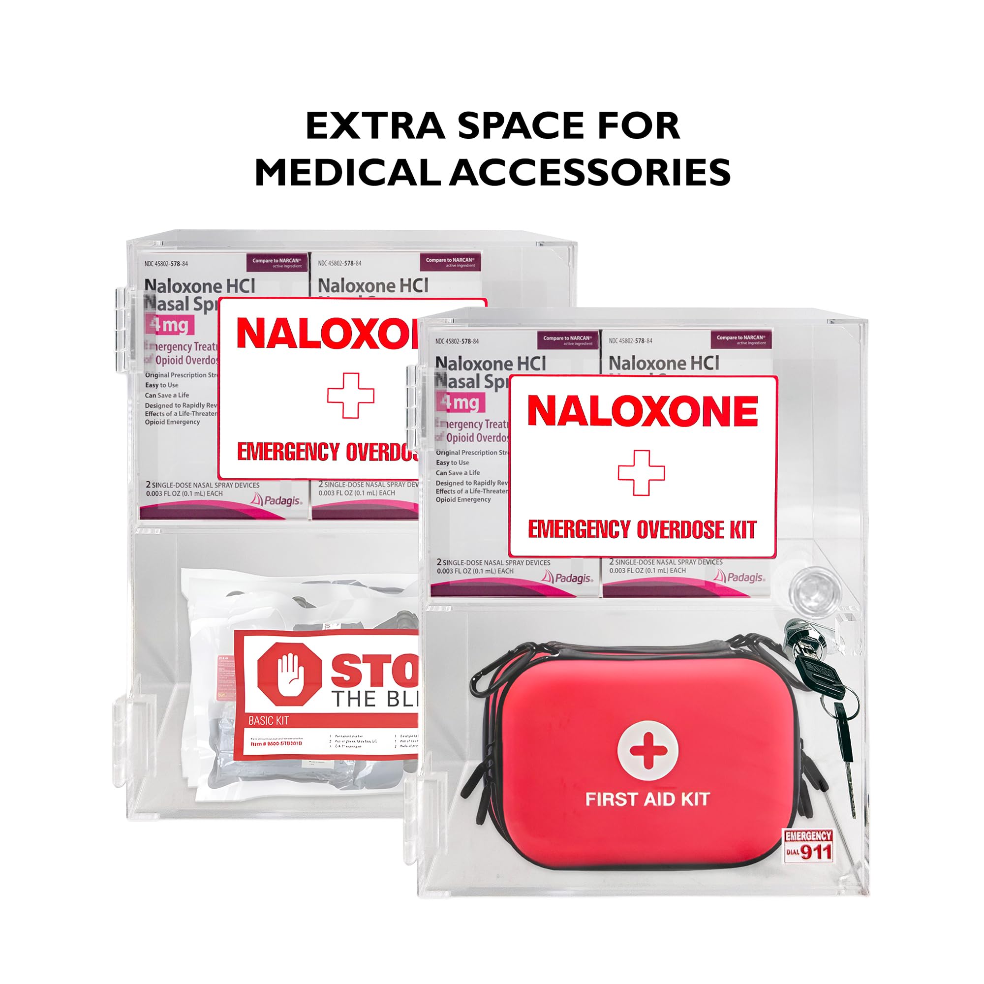Kit de emergencia de sobredosis de naloxona para montaje en pared, diseñado a medida para espacios públicos para contener 6 cajas y accesorios de naloxona, incluyendo kits de primeros auxilios o