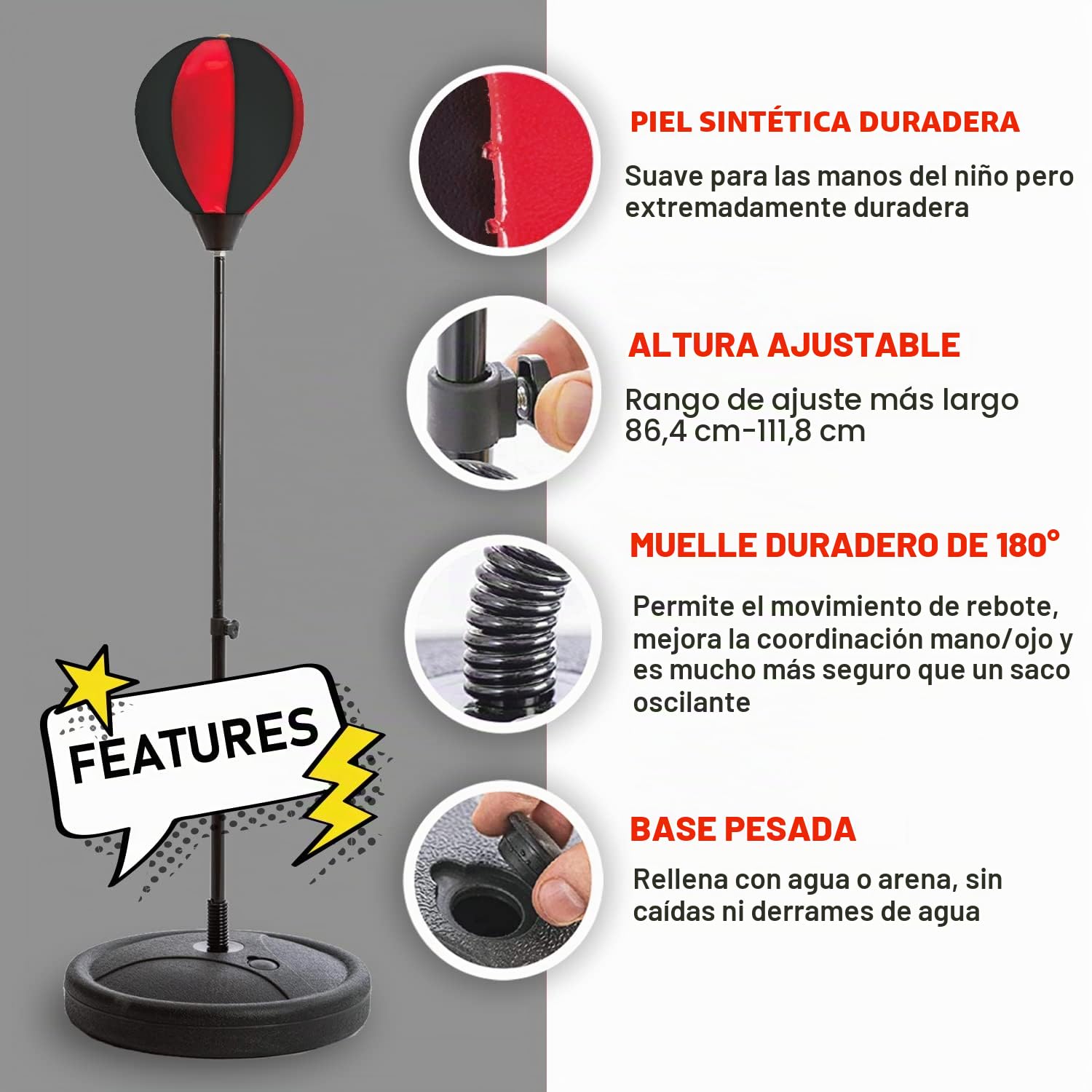 Whoobli Saco de boxeo para niños, incluye guantes de boxeo, saco de boxeo ajustable de 3 a 10 años con soporte, juego de bolsa de boxeo para niños y niñas (rojo negro)