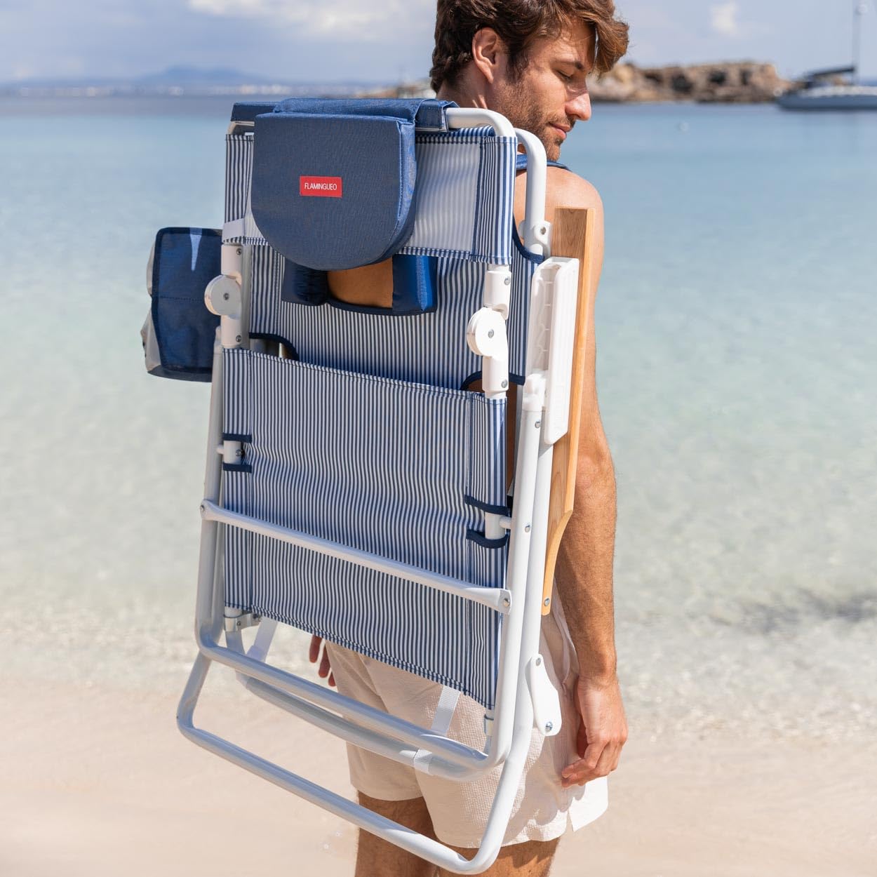 Flamingueo Chaise de Plage, Trou Rembourré Tête et Bras, Inclinable 5 Positions, Repose-Pieds et Accoudoirs Confort, Poignées Sac à Dos Facile Transport, 83,2 x 66,7 x 97 cm