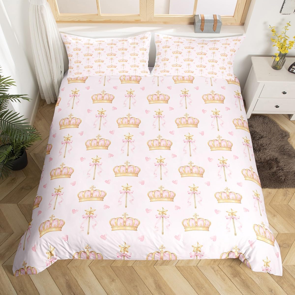 Royal Princess Crown Toddler Duvet Cover 2 Pcs,Yellow Stars Pink Bowknot Fairy Wand Bedding Sets for Kids Girls Teens,Watercolor Cartoon Heart Romantic Quilt Cover with 1 Pillowcase,No Comforter