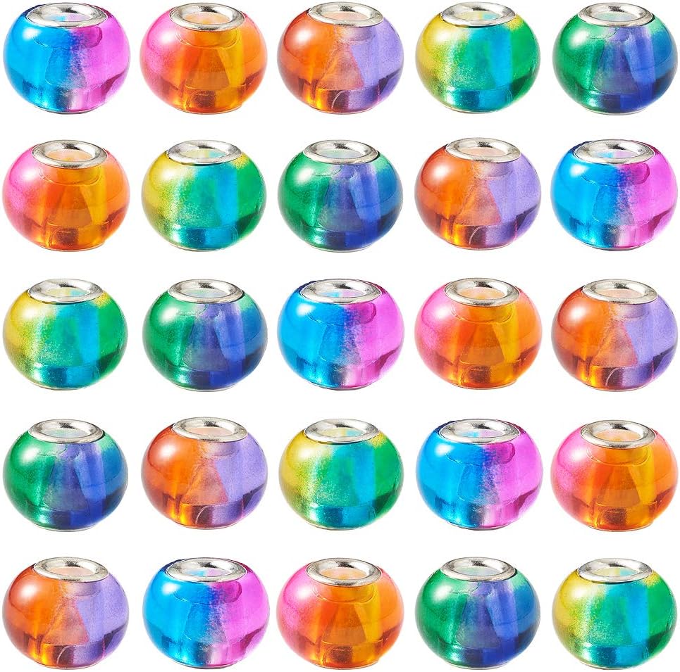PandaHall 100pcs Murano Glass Beads 15x12mm Rondelle Large Hole European Glass Beads with Silver Color Core for Jewelry Making