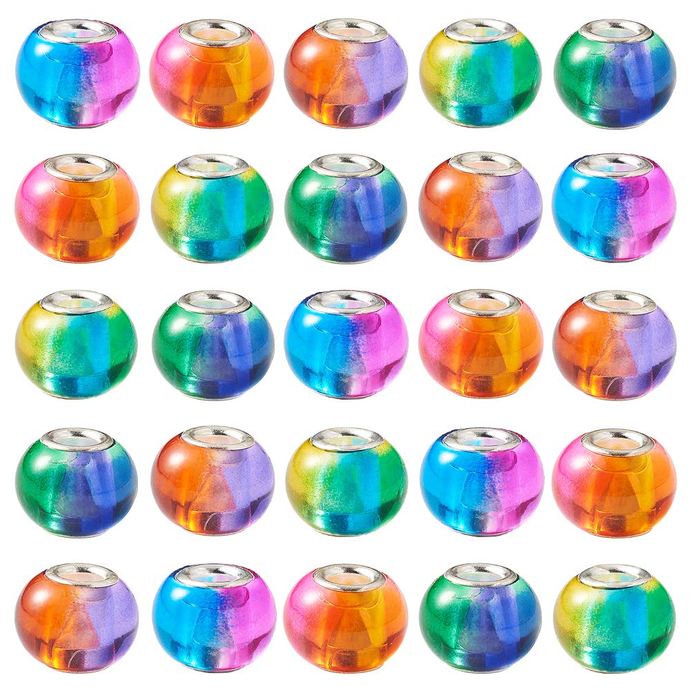 Craftdady 100Pcs Large Hole Glass European Spacer Beads 15x12mm Gradient Rainbow Mixed Colors Slide Charm Rondelle Beads for Snake Chain Bracelet Jewelry Making Hole: 5mm