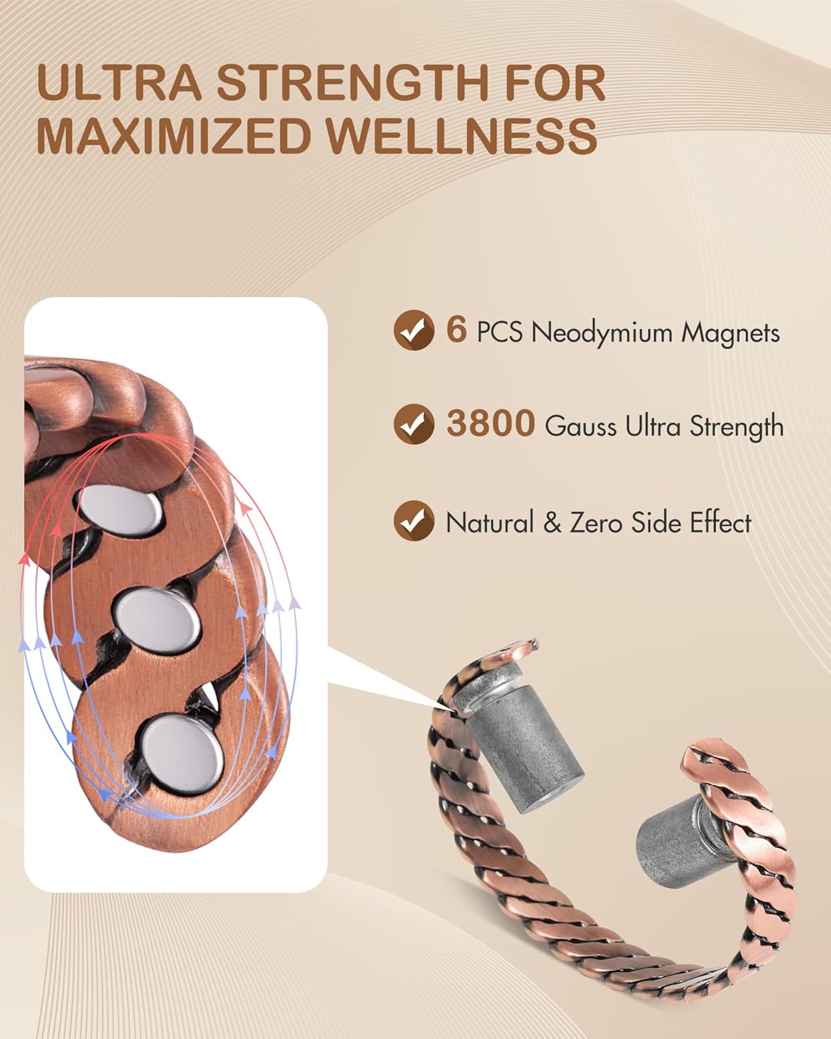 Feraco Pure Copper Bracelet for Men Women, Ultra Strength Magnetic Cuff Bangle for Men Women with 3500 Gauss Neodymium Magnets, 99.99% Copper Life Tree Jewelry, Adjustable - Image 5