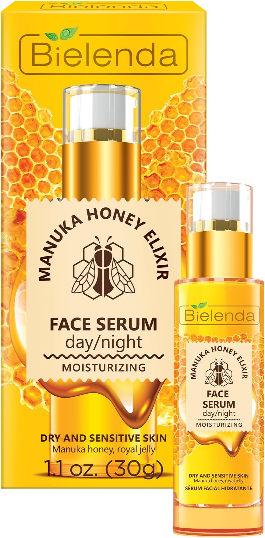 Bielenda Manuka Honey Nutri Elixir - Improves Skin Condition, Makes The Complexion Radiantly Glowing - Manuka Honey Nourishing And Moisturizing Face Serum Day/Night For Dry And Sensitive Skin - 30 g