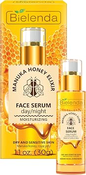 Bielenda Manuka Honey Nourishing and Hydrating Face Serum, Enriched with Manuka Honey, Vitamin C and B, for Dry and Sensitive Skin, Day/Night, 30 ml