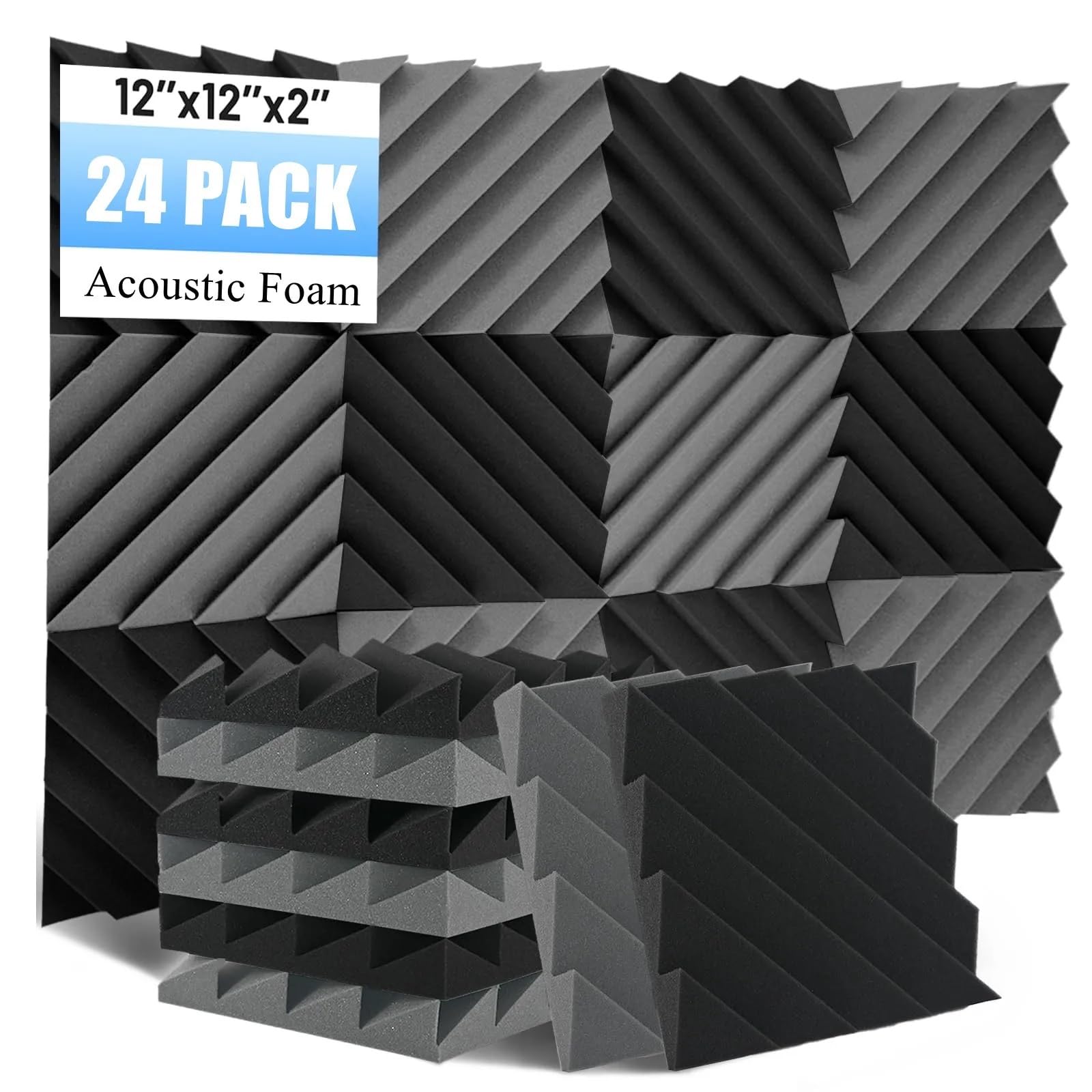 24 Uds. Paneles de tratamiento absorción aislamiento acústico ruido alta densidad espuma insonorizada estudio 30x30x5cm Para amortiguar el sonido(Grey,24 PCS_HIGH DENSITY_2.5CM)