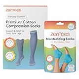 ZenToes Spa & Recovery at Home - Basic Compression Socks (Medium, Frosted Blue, Regular) + Moisturizing Heel Socks (Fuzzy Blue, Regular)