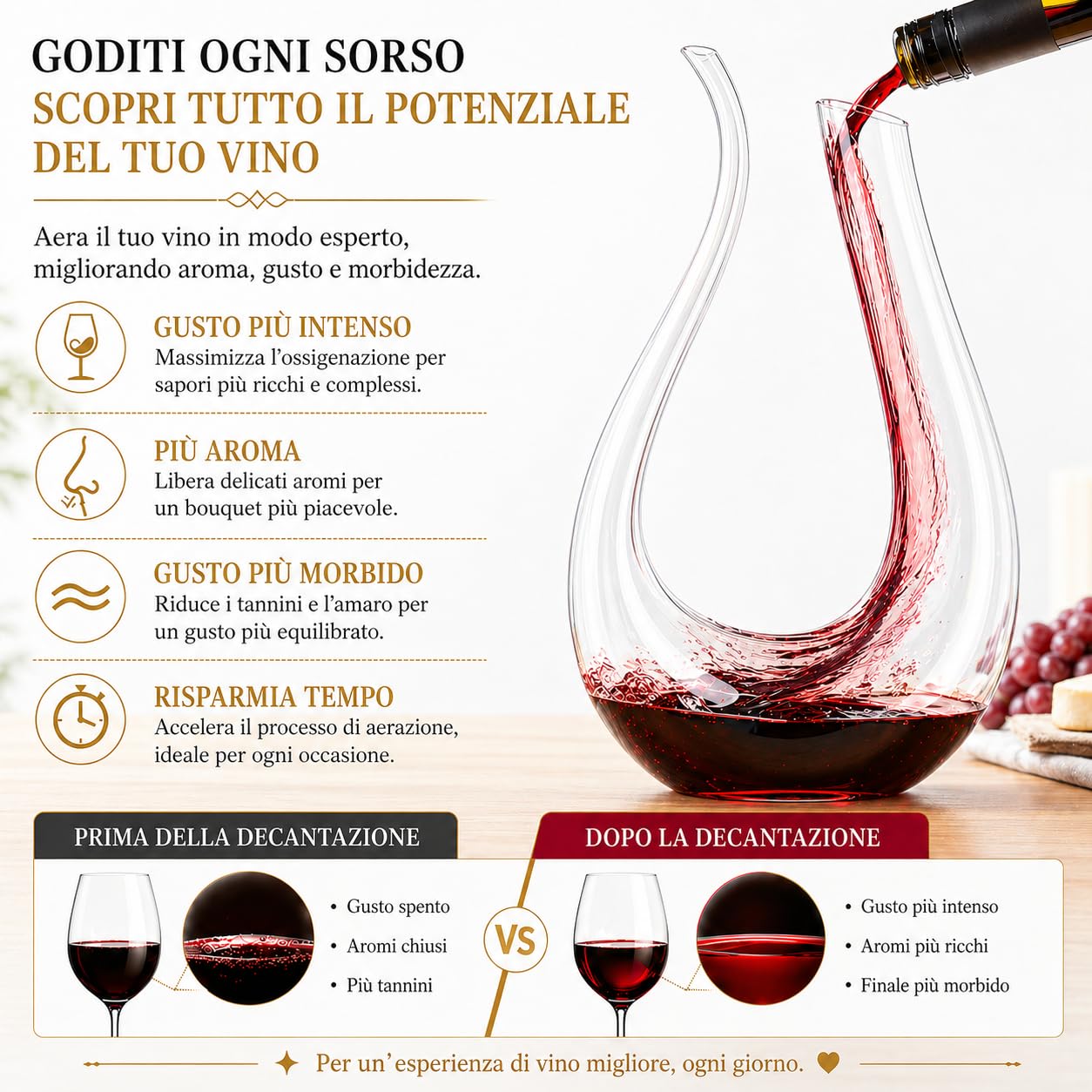 Decanter per vino in cristallo a forma di U, 100% privo di piombo, caraffa per vino rosso soffiata a mano, capacità 1,5 L