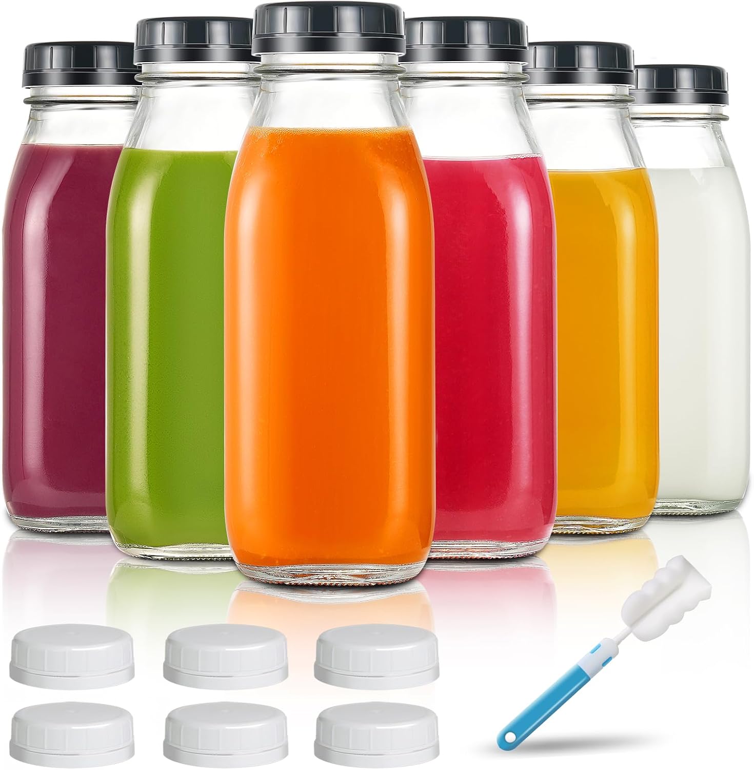 YEBODA 16oz Glass Milk Bottle with Plastic Tamper-proof Caps (6 Pack) Vintage Reusable Dairy Drinking Containers, Glass Bottles for Milk, Juice,Yogurt, Smoothies, Honey, Tomato Sauce, Jam, Syrup