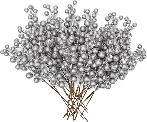 6 púas de bayas artificiales de Navidad, tallos de bayas sintéticas de 13.8 pulgadas en aerosol con purpurina paillette arreglos florales para