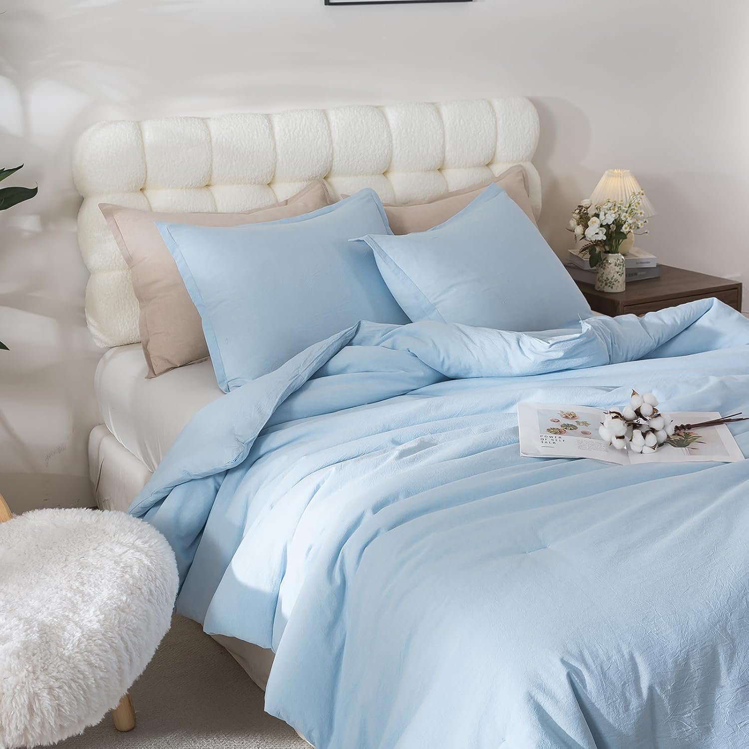 Caressma Comforter Set Twin Size Light Blue, 100% Cotton Bedding Comforter Set, Breathable Soft Comforter (68"x90") for All Seasons with Pillowsham