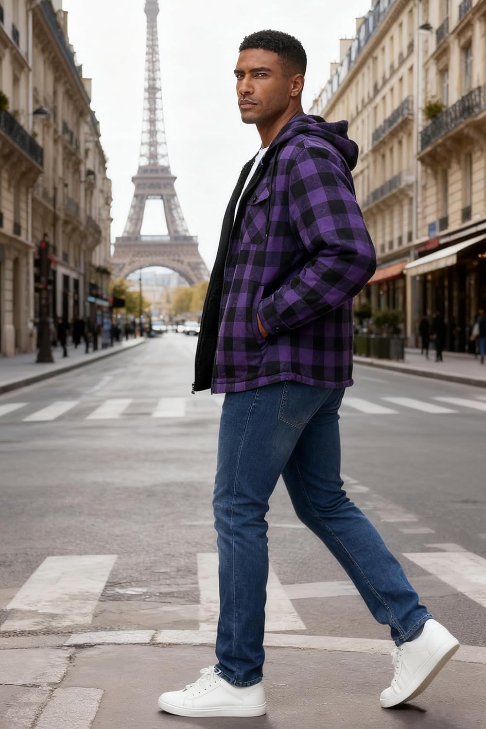 ZITY Mens Cotton Plaid Shirts Jacket Flannel Fleece Lined Hoodies Sherpa Zip Up Hoodie with Pocket - Image 3