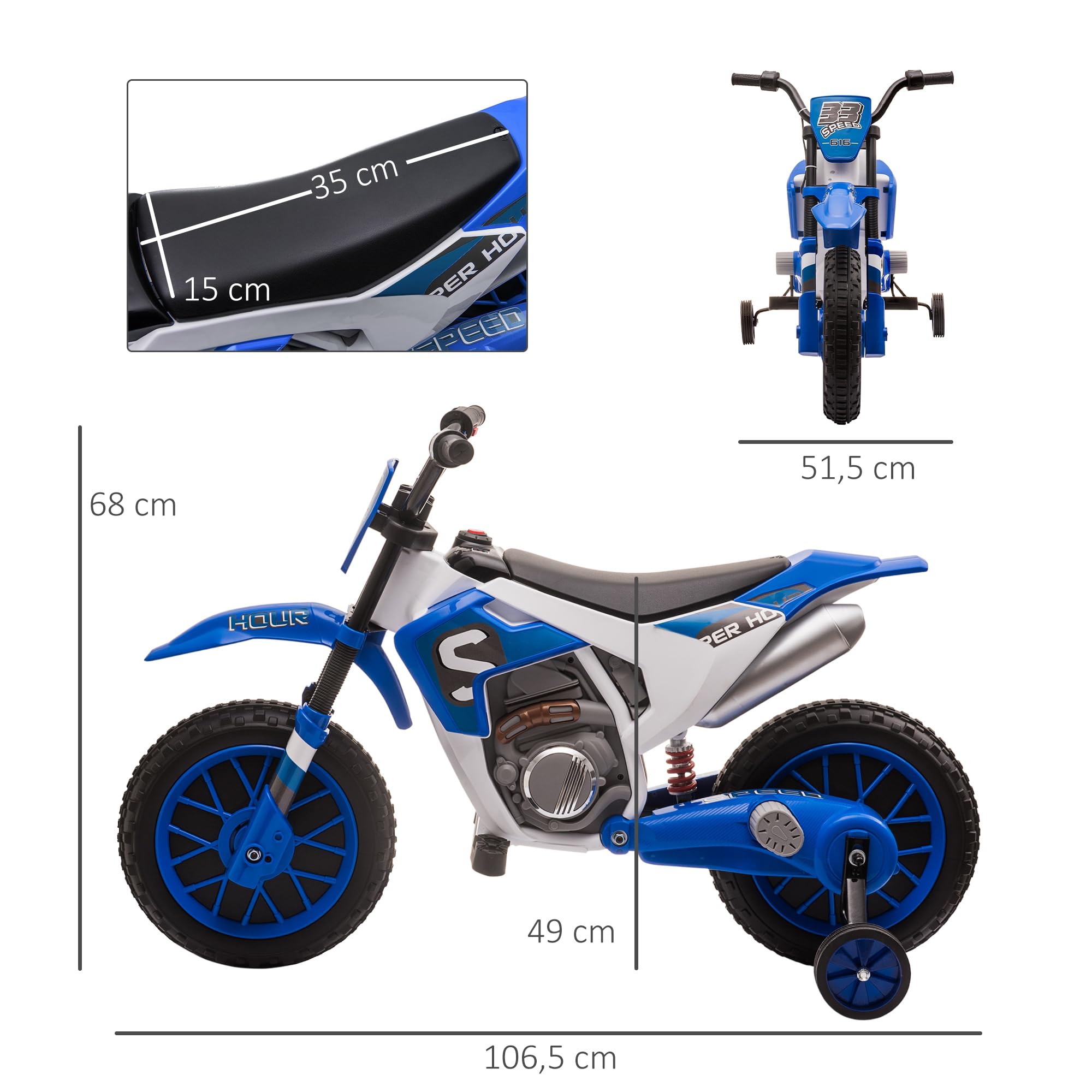 HOMCOM Moto Cross électrique Enfant 3 à 5 Ans 12 V 3-8 Km/h avec roulettes latérales Amovibles dim. 106,5L x 51,5l x 68H cm Bleu