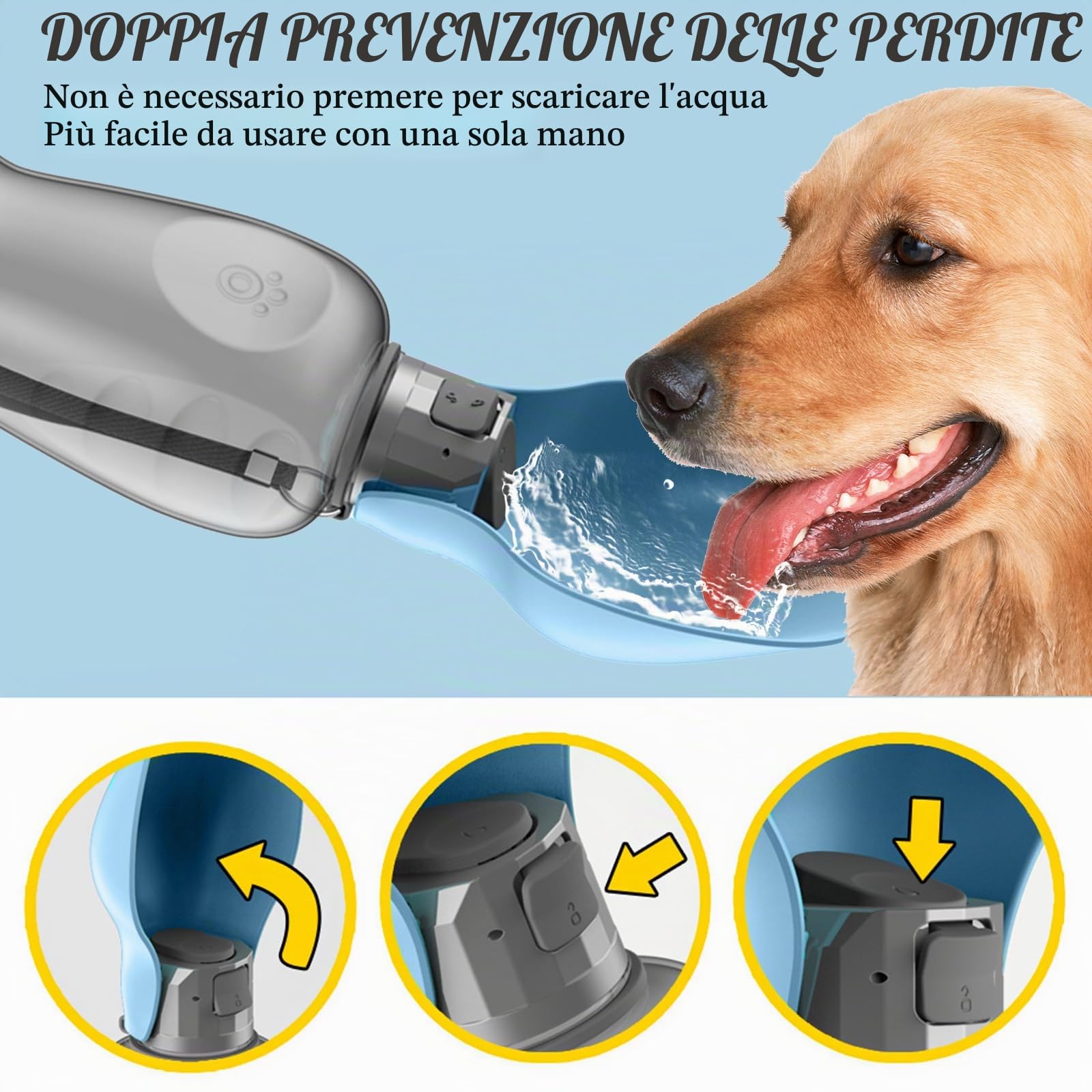 Borraccia per Cani 800ML da Viaggio, Bottiglia d'Acqua per Cani Antiperdita, Borraccia Cane Portatile per Animali per Passeggiate, Escursioni, Campeggio, Auto e Viaggi - Blu