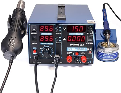 Miniatura 4 de YIHUA Paquete de estación de fuente de alimentación y retrabajo de soldadura profesional 853D 2A USB con boquillas de aire caliente #2300 con