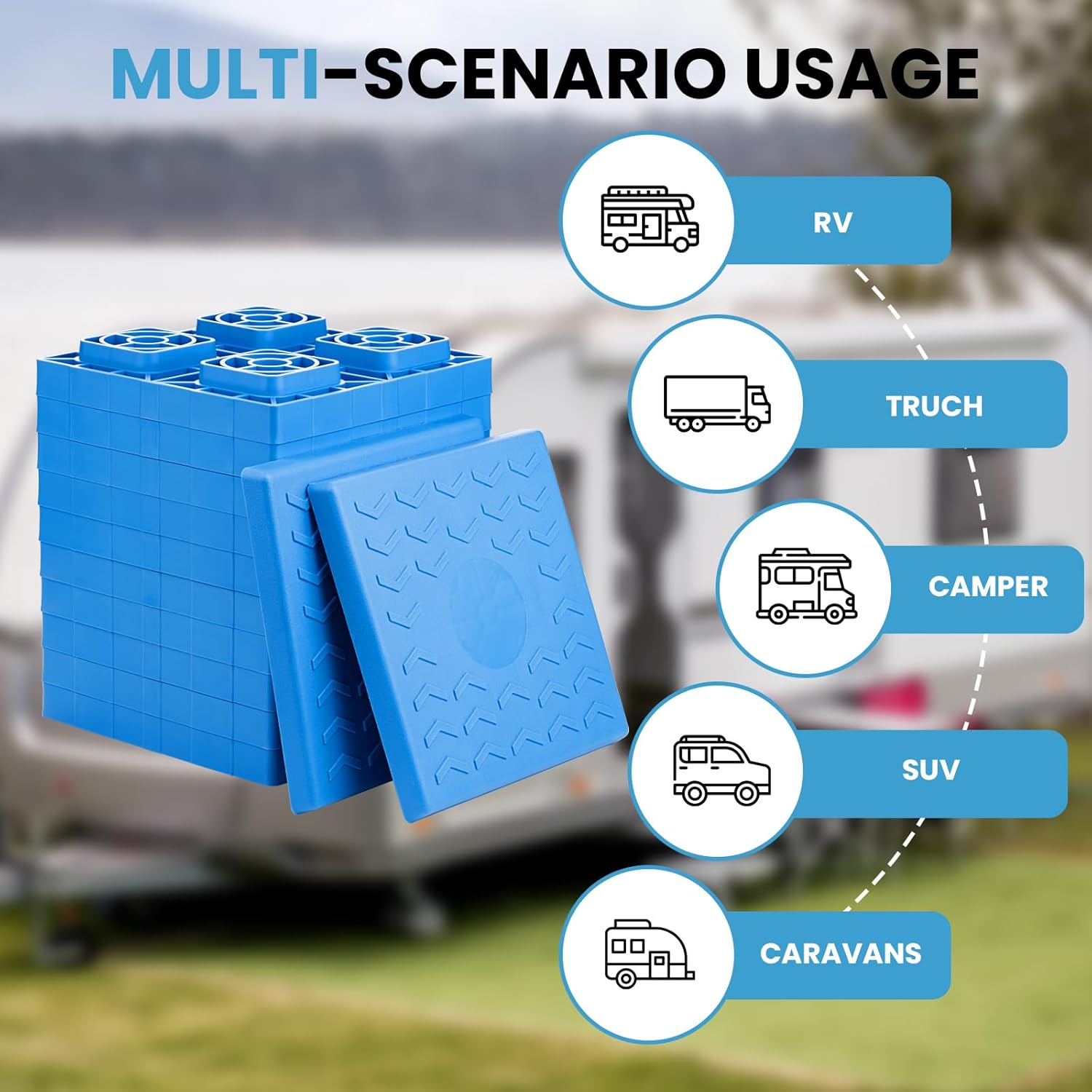 RV Leveling Blocks - 12 Pack Heavy Duty Camper Leveling Blocks with Handbag and T-Shaped Bubble Level - Anti-Slip Design Stabilizer Jack Pads for Camper Travel Trailer