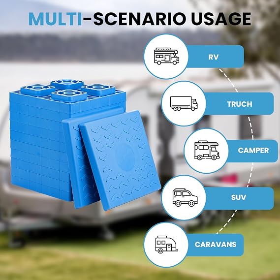 RV Leveling Blocks - 12 Pack Heavy Duty Camper Leveling Blocks with Handbag and T-Shaped Bubble Level - Anti-Slip Design Stabilizer Jack Pads for Camper Travel Trailer