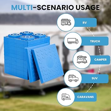 RV Leveling Blocks - 12 Pack Heavy Duty Camper Leveling Blocks with Handbag and T-Shaped Bubble Level - Anti-Slip Design Stabilizer Jack Pads for Camper Travel Trailer