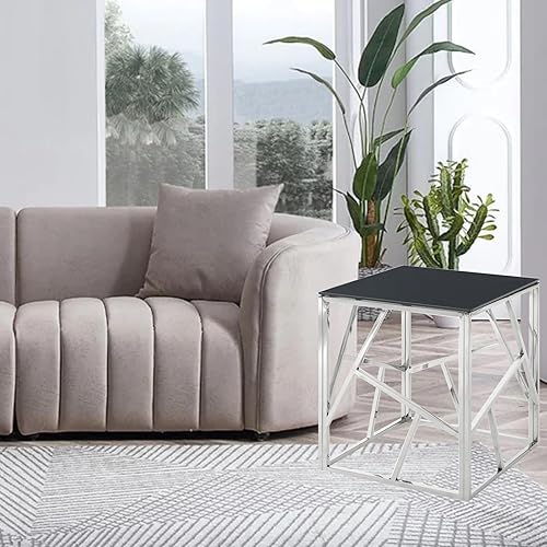 Miniatura 6 de WOKER FURNITURE Mesa auxiliar de cristal negro con marco geométrico de acero inoxidable plateado, mesa auxiliar moderna de 20 pulgadas con parte